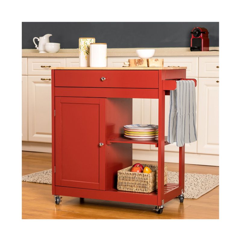 Glitzhome 35"H Modern Kitchen Island Cart with Rubber Wooden Top - Red