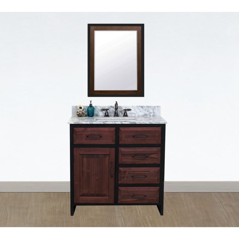 36"Rustic Solid Fir Single Sink Iron Frame Vanity in Brown-Driftwood Finish with Marble Top-No Faucet - Oval - Carrara White Marble Top