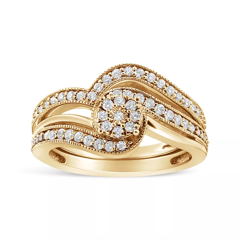14K Yellow Gold Plated .925 Sterling Silver 1/3ct Cttw Multi-Diamond Bypass Vintage-Style Bridal Set Ring and Band (I-J Color, I3 Clarity) - Size 6