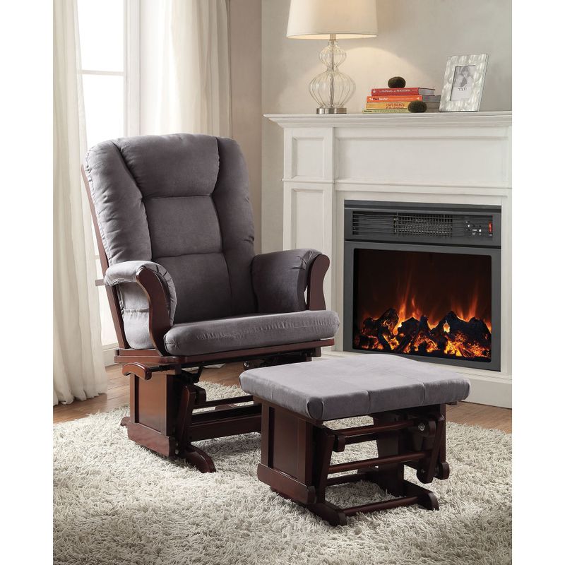 Aeron Grey Microfiber 2-piece Glider Chair and Ottoman Set - Gray Microfiber & Cherry, 31"L x 28"W x 41"H