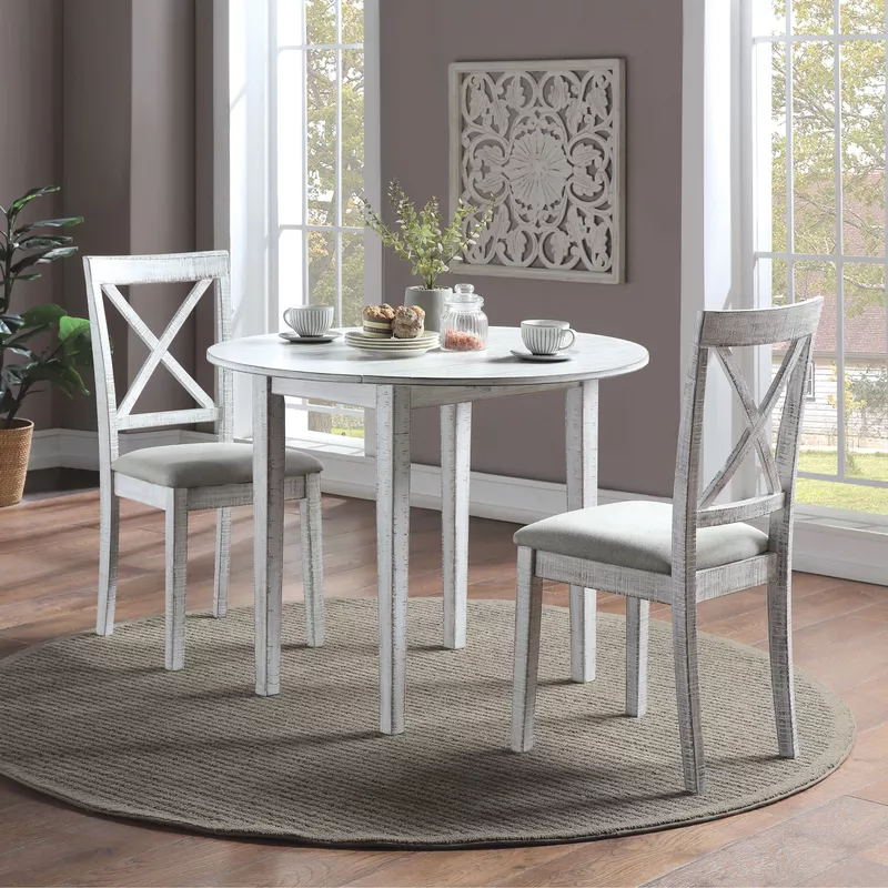Transitional Wood 3-Piece Round Dining Set in Antique White