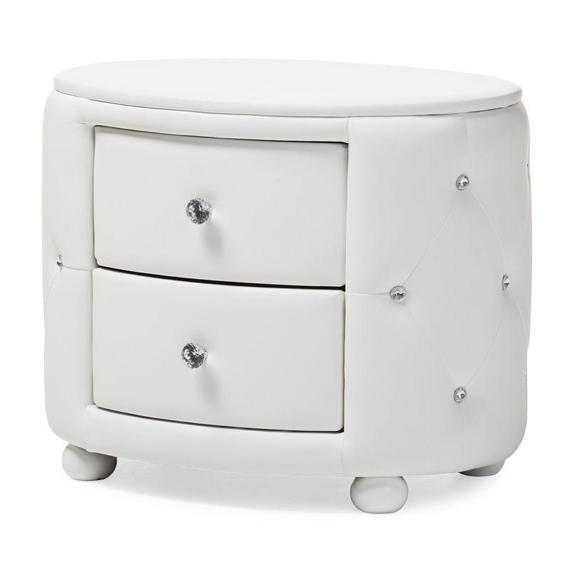Baxton Studio Davina Hollywood Glamour Style Oval 2-drawer White Faux Leather Upholstered Nightstand - Nightstand-White