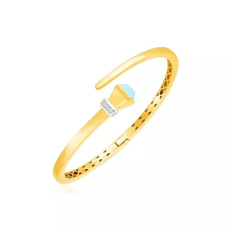 14k Yellow Gold Crossover Style Hinged Bangle Bracelet with Turquoise and Diamonds