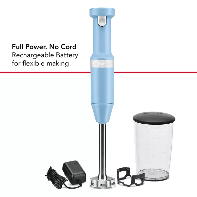 KitchenAid Cordless Variable Speed Hand Blender with Chopper and Whisk Attachment in Blue Velvet