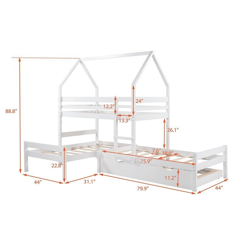 Twin Triple Bed Bunk bed with Trundle, Wooden House Bed with Twin size - Brown