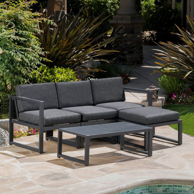 Navan Outdoor 5-piece Aluminum Sofa Set with Water Resistant Cushions by Christopher Knight Home - Dark Grey Aluminum with Black Cushions