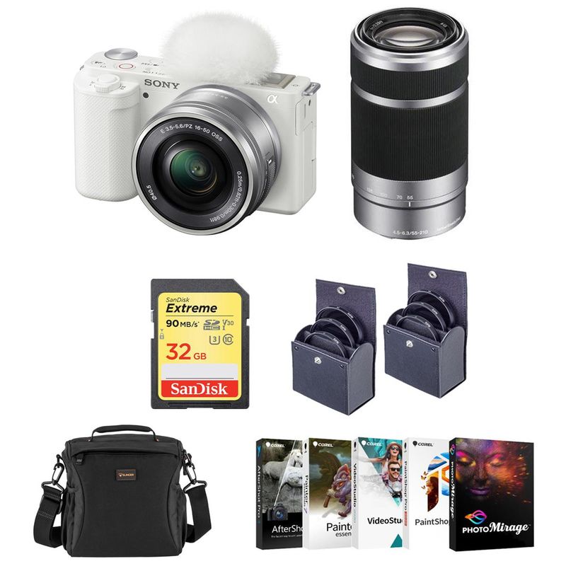 Sony ZV-E10 Mirrorless Camera with 16-50mm Lens, White with E 55-210mm f/4.5-6.3 OSS E-Mount Lens, Bundle with PC Photo & Video Editing...