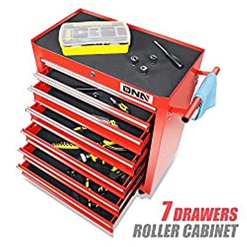 DNA MOTORING TOOLS-00264 7-Drawer Plastic Top Rolling Tool Cabinet with Keyed Locking System,27.55" L X 13" W X 30.31" H,Red