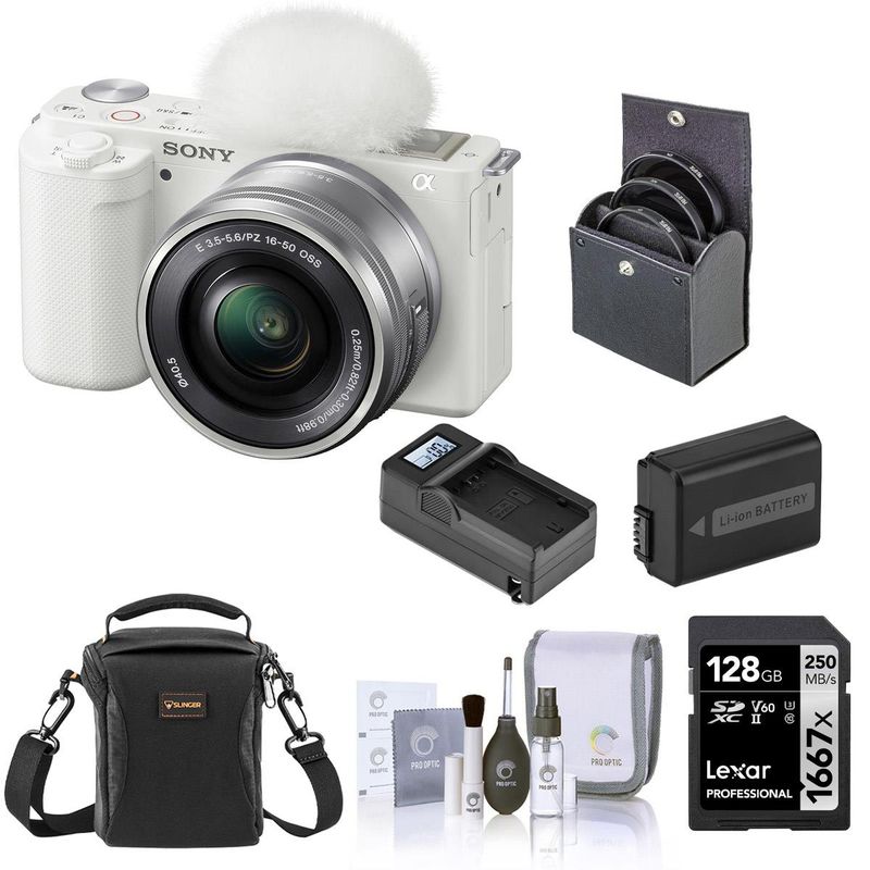 Sony ZV-E10 Mirrorless Camera with 16-50mm Lens, White Bundle with 128GB SD Memory Card, Shoulder Bag, NP-FW50 Battery, Compact Smart...