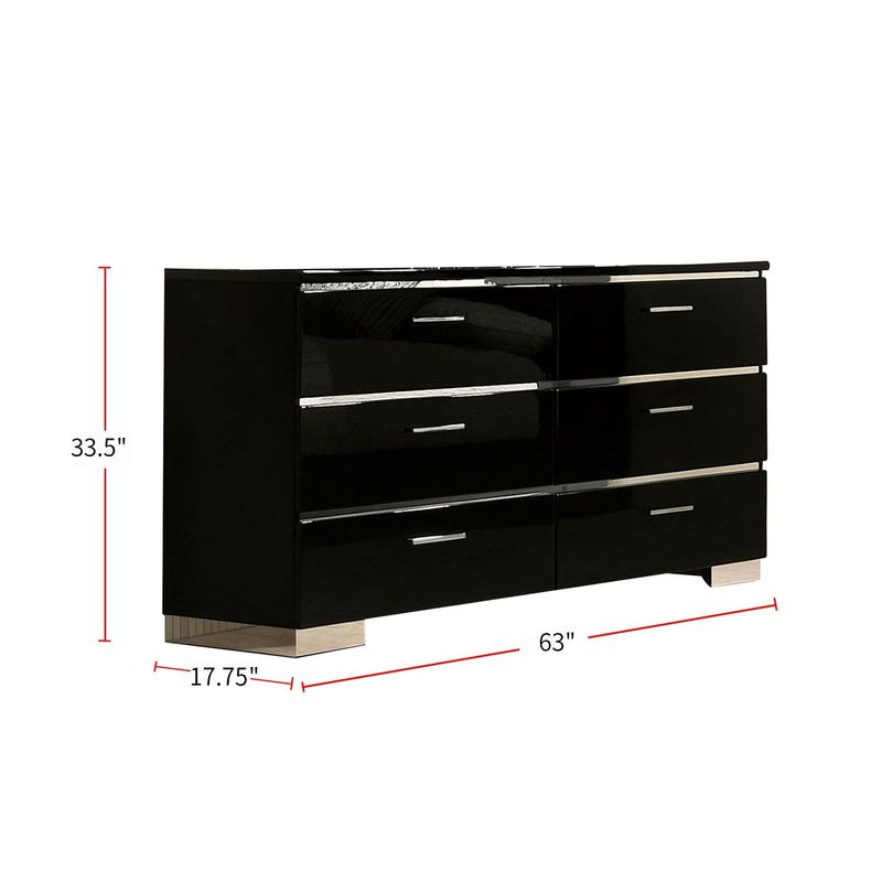 Metal and Wood Dresser with 6 Drawers in Black Finish - Black, Chrome - 6-drawer