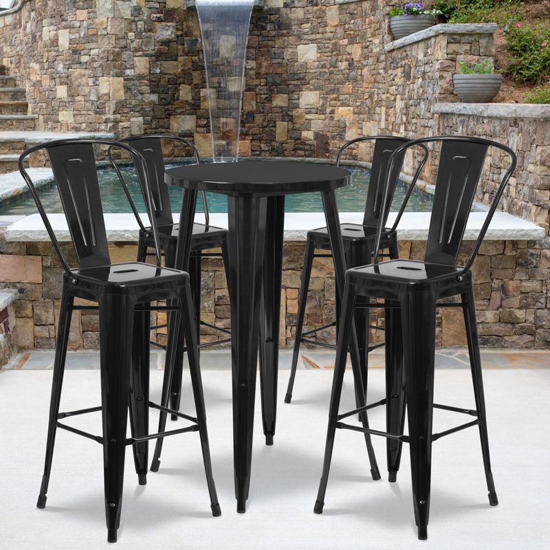 24'' Round Metal Indoor-Outdoor Bar Table Set with 4 Cafe Stools - 24"W x 24"D x 41"H - Silver