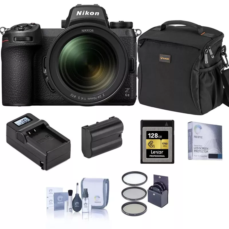 Nikon Z 6II Mirrorless Digital Camera with NIKKOR Z 24-70mm f/4 S Lens Bundle with 128GB CFexpress Type-B Memory Card, Bag, Extra Battery, Charger, Filter Kit and Accessories