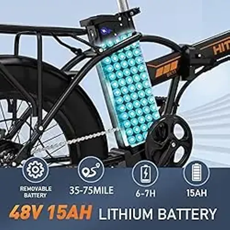 HITWAY BK11M Folding All Terrain Electric Bike for Adults, 20 x 4 Inch Fat Tires, 750W Motor, 48V 15Ah Removable Battery, 28-62 Mile Range with 7-Speeds, Black and Orange