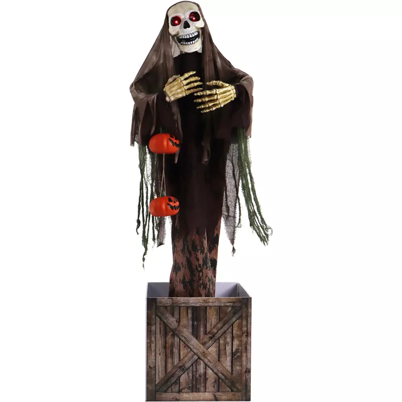 Animatronic Skeleton in a Box with Movement, Sounds, and Light-Up Eyes for Scary Halloween Decoration