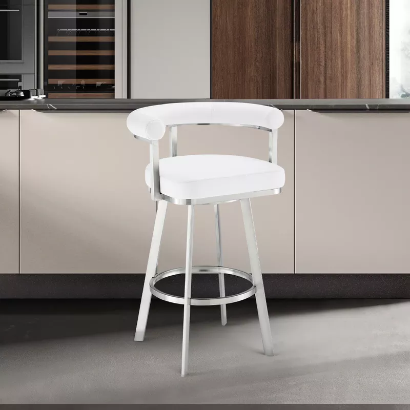 Nolagam Swivel Counter Stool in Brushed Stainless Steel with White Faux Leather