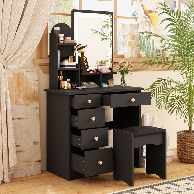 Vanity Set With Mirror and Lamp Home Makeup Dressing Table with Stool - Black