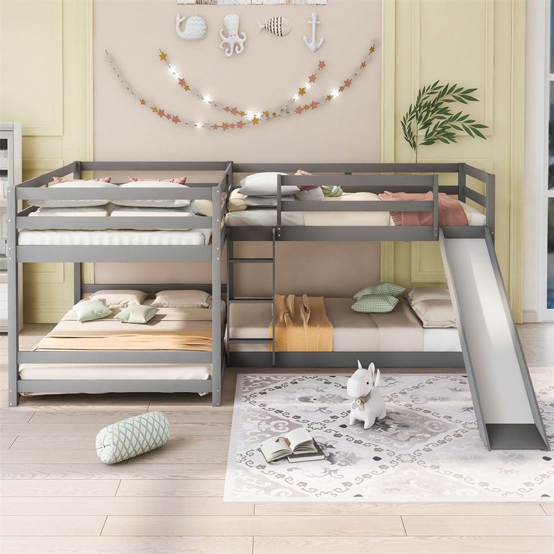 Merax Full and Twin Size L-Shaped Bunk Bed with Slide and Short Ladder - White
