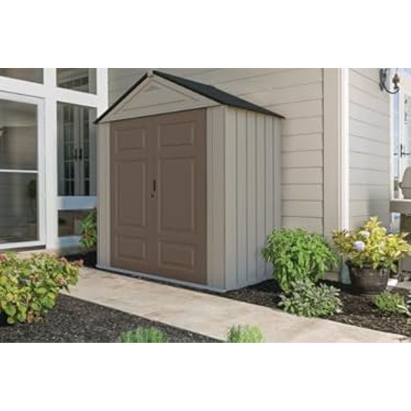 Rubbermaid Large Resin Outdoor Storage Shed, 7 x 3.5 ft., Gray and Brown, with Space-Saving Profile for Home/Garden/Pool/Back-Yard/Lawn...