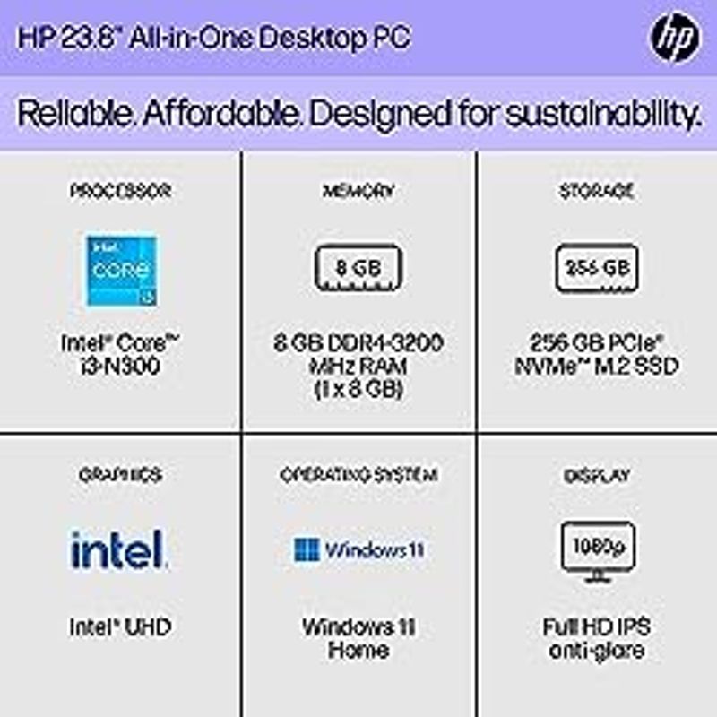 HP 23.8 inch All-in-One Desktop PC, FHD Display, Intel Core i3-N300, 8 GB RAM, 256 GB SSD, Intel UHD Graphics, Windows 11 Home, 24-cr0030...
