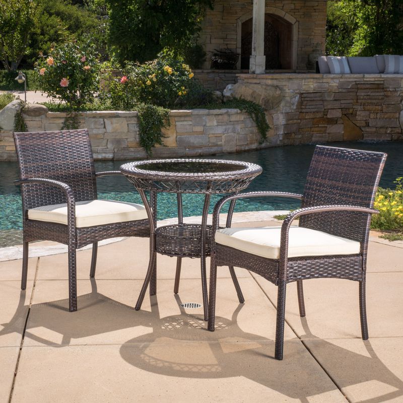 Ridley Outdoor 3-piece Wicker Bistro Set with Cushions by Christopher Knight Home - Multi-Brown