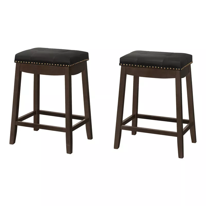 Bar Stool/ Set Of 2/ Counter Height/ Saddle Seat/ Kitchen/ Wood/ Pu Leather Look/ Black/ Brown/ Transitional