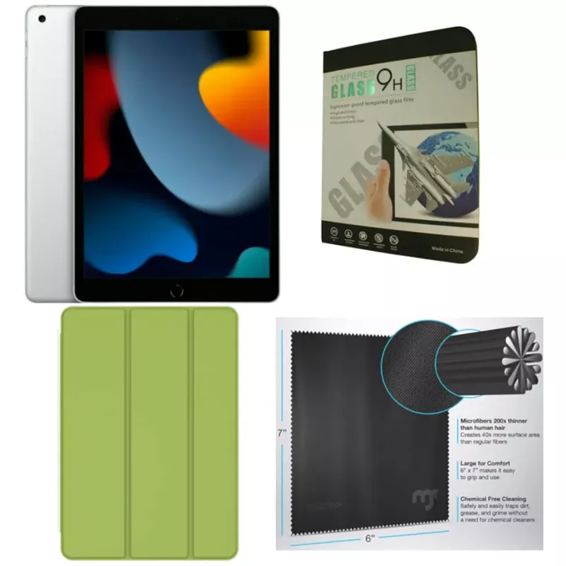Apple 10.2-Inch iPad (9th Generation) with Wi-Fi 64GB Silver Green Case Bundle