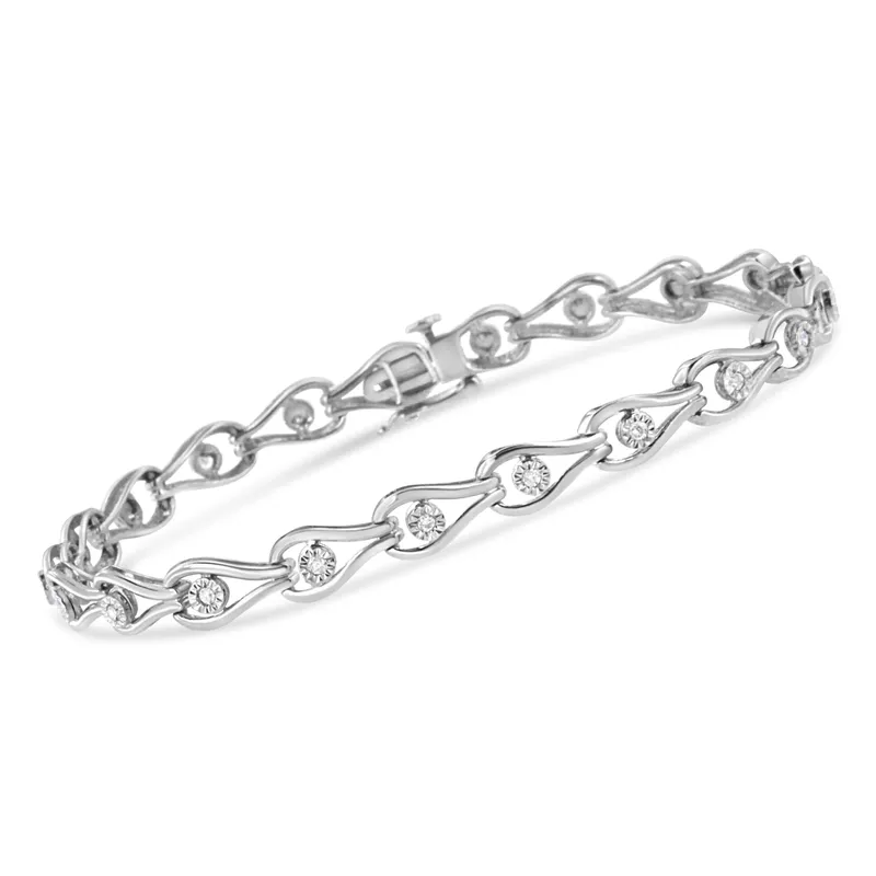 .925 Sterling Silver 1/10 Cttw Miracle-Set Diamond Pear Shape and Bezel Link Bracelet (I-J Color, I3 Clarity) - 7.25"
