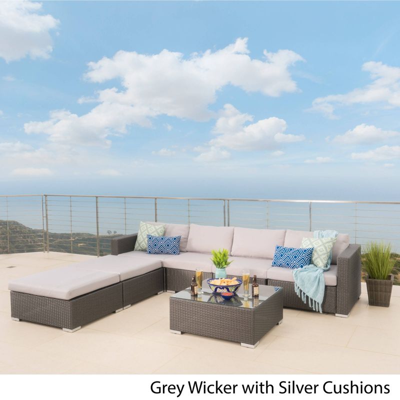 Santa Rosa Outdoor 7-piece Wicker Sectional Sofa Set with Cushions by Christopher Knight Home - Grey + Silver