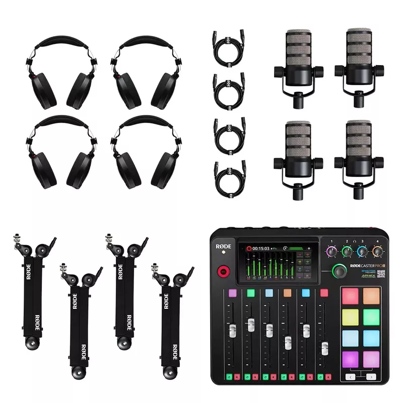 Rode RODECaster Pro II Integrated Audio Production Studio Console, Bundle with 4x PodMic Microphone, 4x NTH-100 Headphones, 4x PSA1+ Boom Arm and 4x Cable