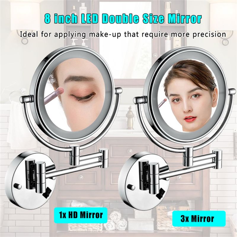 8 Inch LED Bathroom Mirror Wall Mount Two-Sided Magnifying Makeup Vanity Mirror 360 Degree Rotation Waterproof Button. - 8'' - Gold