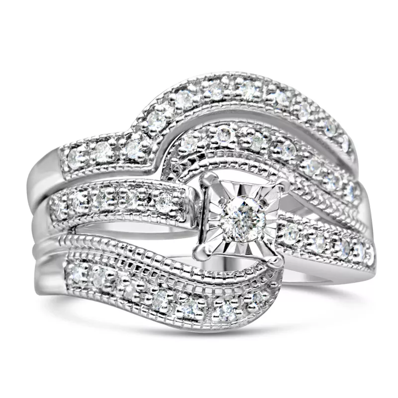 .925 Sterling Silver 1/3 Cttw Round Diamond Crisscross Engagement Ring Bridal Set (H-I Color, I1-I2 Clarity ) - Size 9