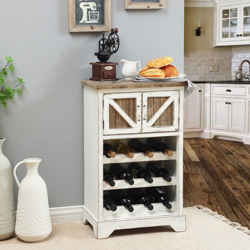 White and Natural Wood 2-Door Wine Cabinet - 30.9" H x 18.9" W x 13" D - Distressed White / Wood