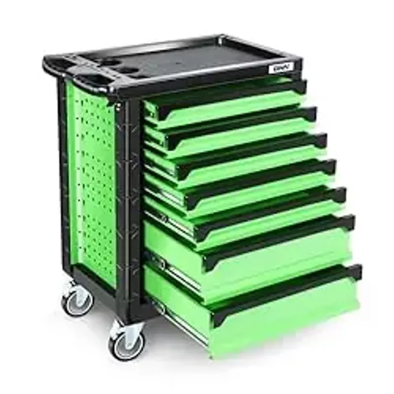 DNA MOTORING 7-Drawers Rolling Tool Chest Cabinet with Casters, Locking System, Top Tray, for Garage Warehouse Workshop, Green, TOOLS-00396