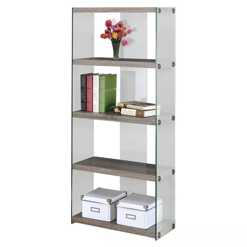 Bookshelf/ Bookcase/ Etagere/ 5 Tier/ 60"H/ Office/ Bedroom/ Tempered Glass/ Laminate/ Brown/ Clear/ Contemporary/ Modern