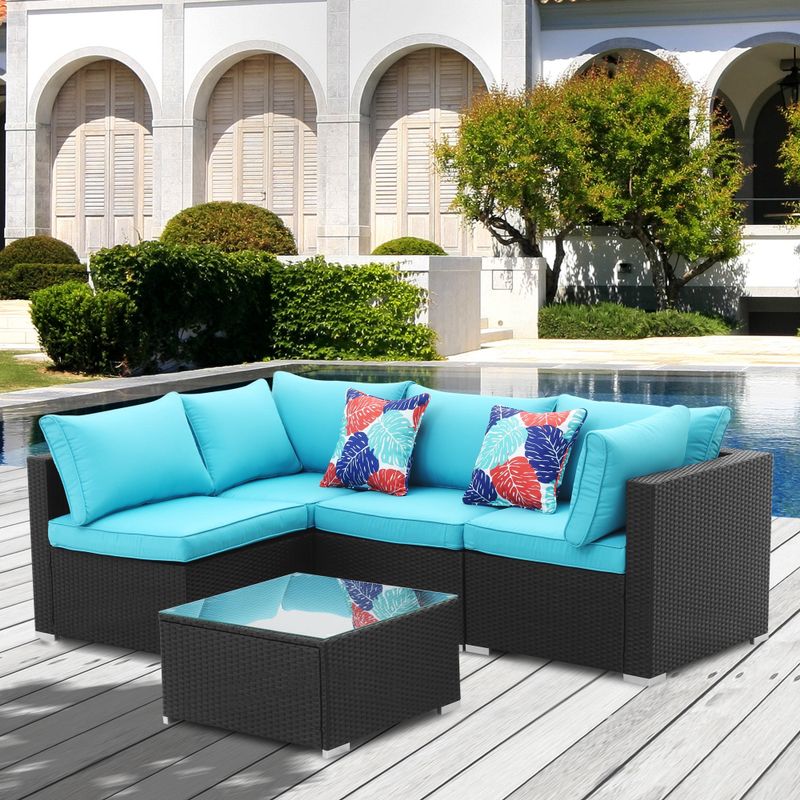 5pcs Sectional Sofa Set Outdoor PE Rattan Sofa - sofa - Blue