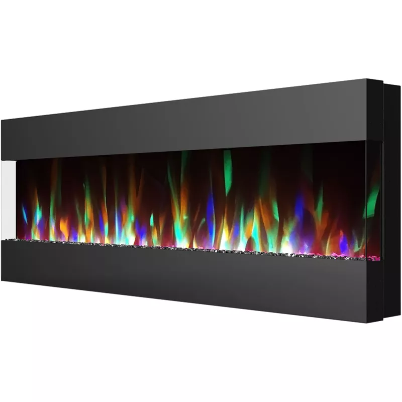 60-In. Recessed Wall Mounted Electric Fireplace with Crystal and LED Color Changing Display, Black