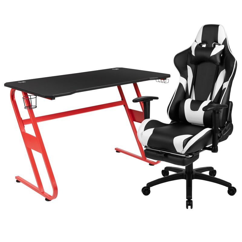 Desk Bundle - Gaming Desk, Cup Holder, Headphone Hook and Reclining Chair - Red