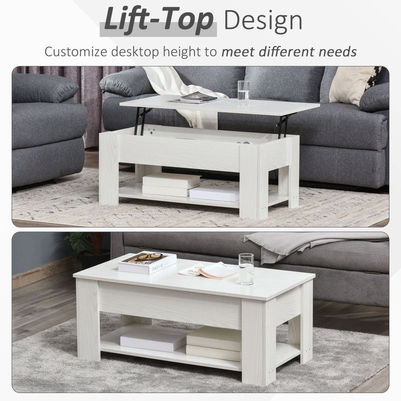 HOMCOM Lift Top Coffee Table with Hidden Storage Compartment and Open Shelf, Pop Up Coffee Table for Living Room - White