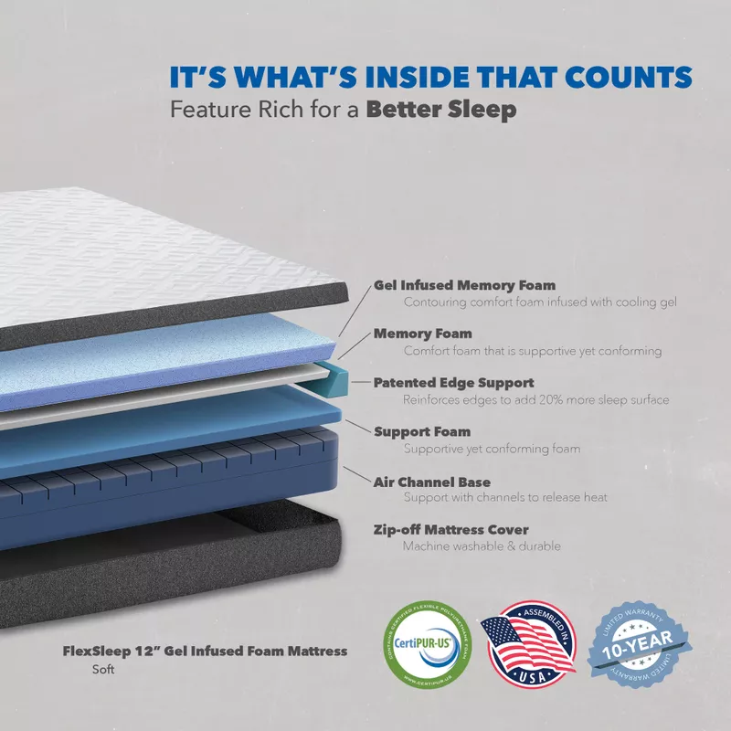 FlexSleep 12" Soft Gel Infused Twin Long Memory Foam Mattress/Bed-in-a-Box