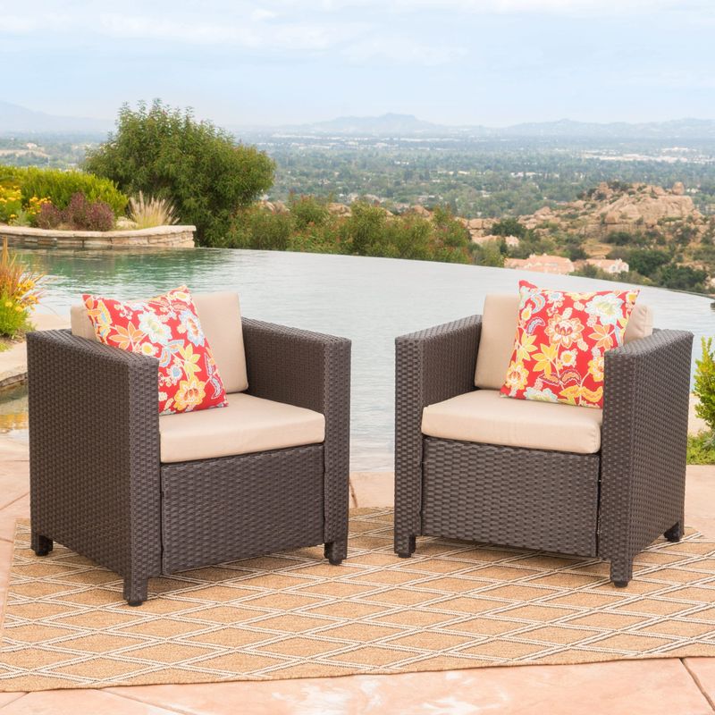 Puerta Outdoor Wicker Club Chair with Cushions (Set of 2) by Christopher Knight Home - Dark Brown with Beige Cushion