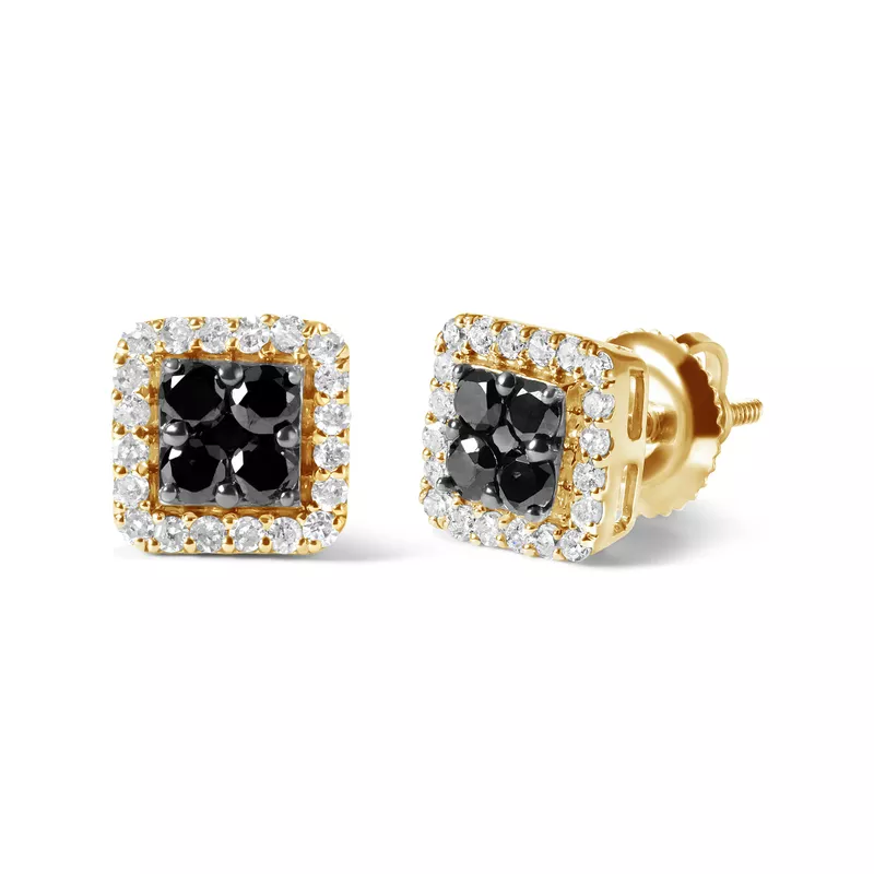 Men's 10K Yellow Gold 5/8 Cttw White and Black Treated Diamond Composite with Halo Stud Earring (Black / I-J, I2-I3 Clarity)