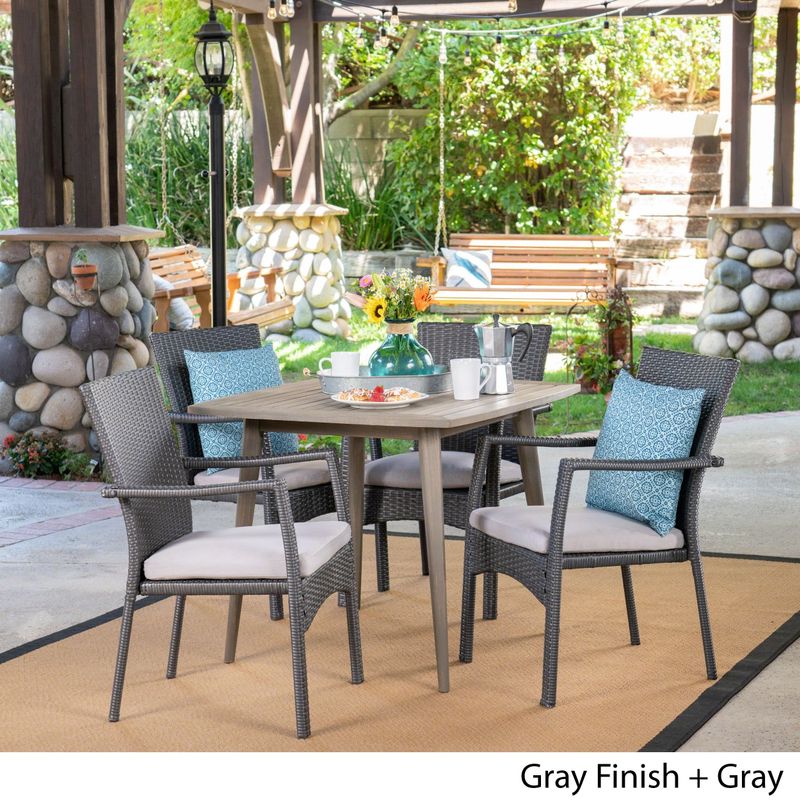Marias Outdoor 5 Piece Wood and Wicker Dining Set by Christopher Knight Home - Grey/Crème/Teak