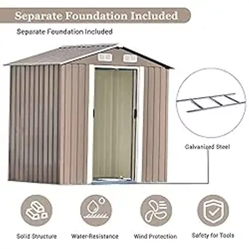 Acosure 6x4FT Waterproof Garden Storage Shed,Outdoor Metal Tool Cabinet with Vents and Lockable,Easy to Install,Door for Backyard,Lawn,Patio,Brown