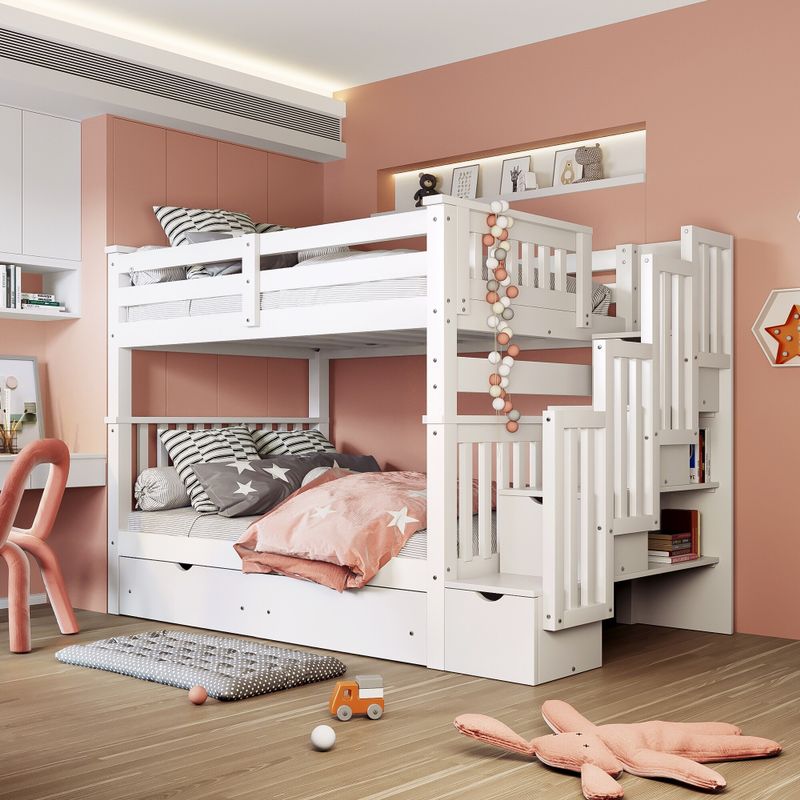 Full Over Full Bunk Bed with Shelves and 6 Storage Drawers - Grey