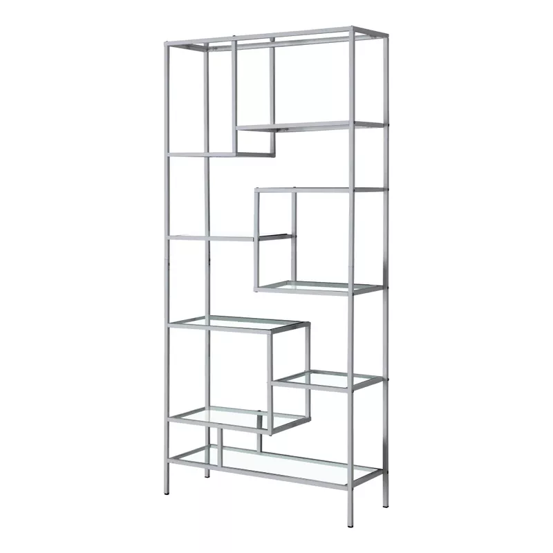 Bookshelf/ Bookcase/ Etagere/ 72"H/ Office/ Bedroom/ Metal/ Tempered Glass/ Grey/ Clear/ Contemporary/ Modern