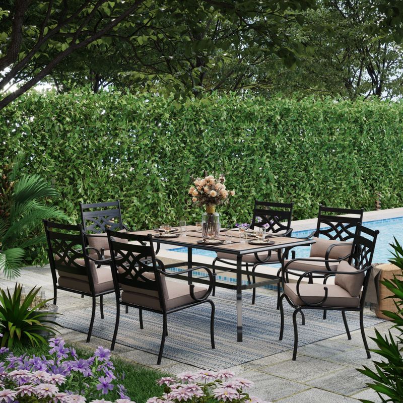 7-Piece Outdoor Dining Set Geometric Rectangle Table & Elegant Cast Iron Pattern Dining Chairs - 7-Piece Sets