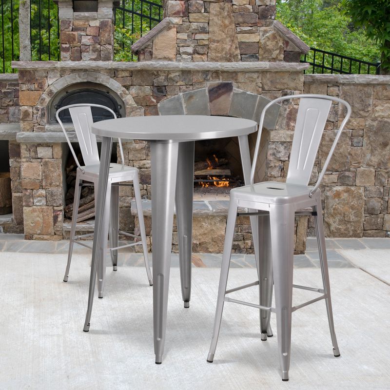 30'' Round Metal Indoor-Outdoor Bar Table Set with 2 Cafe Stools - 30"W x 30"D x 41"H - White
