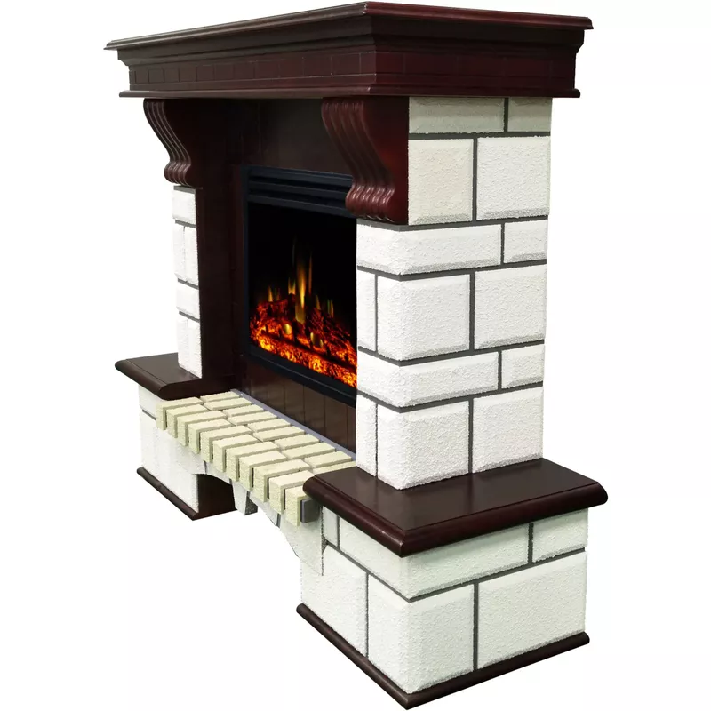 48-In. Belcrest Traditional Faux Brick Electric Fireplace Mantel with Enhanced Log Display, White and Mahogany