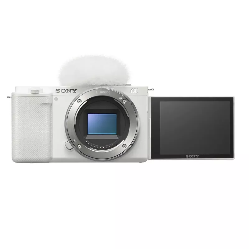 Sony ZV-E10 Mirrorless Camera Body, White, Bundle with ACCVC1 Vlogger Kit, Memory Card, Backpack, 2x Battery, Charger, Tripod, Strap, Microphone, Screen Protector, LED Light, Cleaning Kit