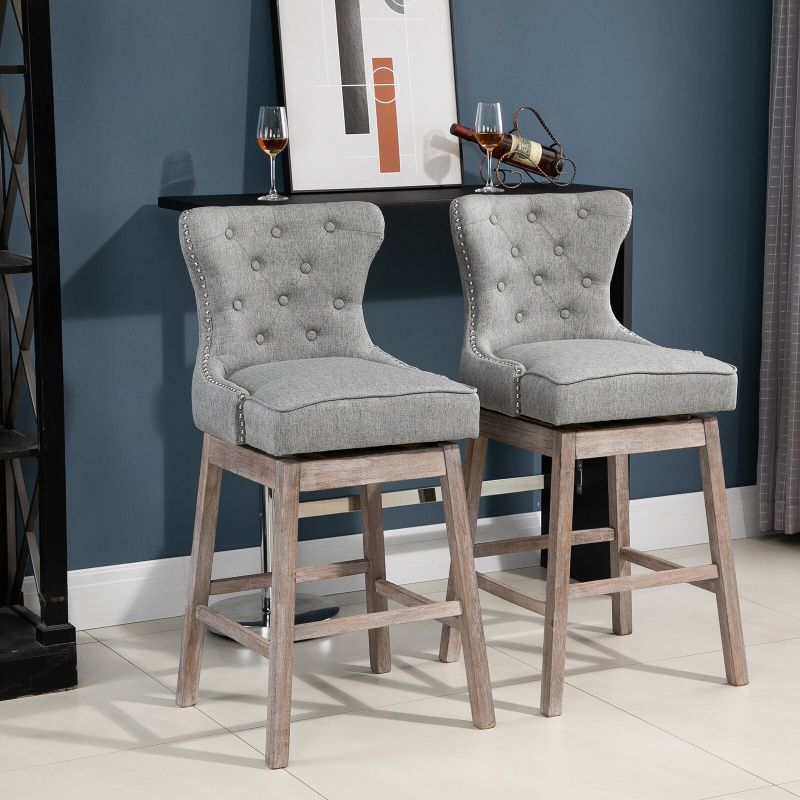 HOMCOM Upholstered Fabric Bar Height Bar Stools Set of 2, 180 Swivel Nailhead-Trim Pub Chairs, 30" Seat Height with Rubber Wood - Beige